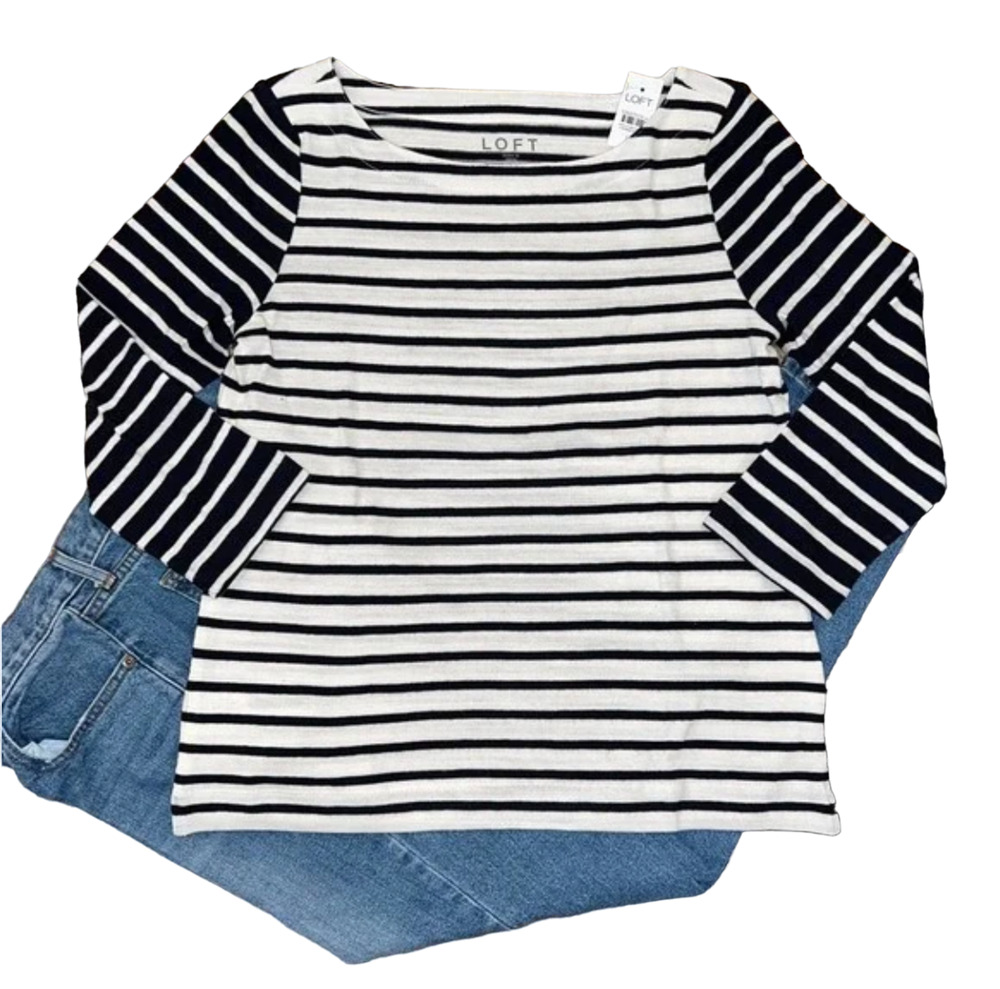 **NWT LOFT Navy & White/Ivory Striped Harbor Soft Knit Shirt-